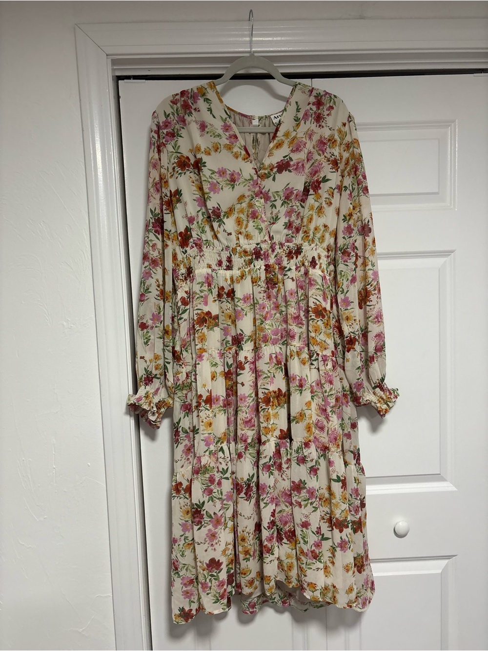 ARULA Cream Floral Ruffle-Sleeve Midi Dress